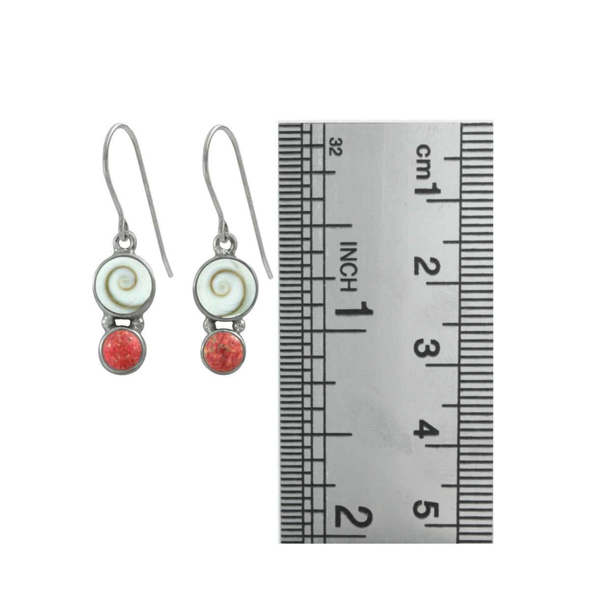 Silver Earring With Shell Spiral &amp; Sponge Coral Round