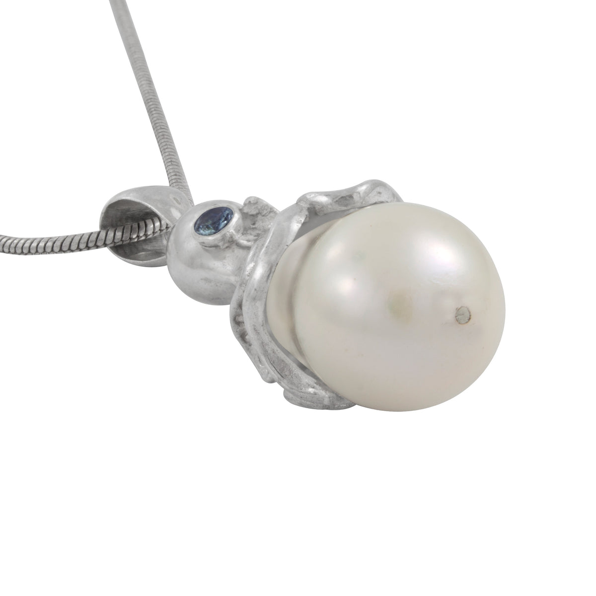 Silver Pendant Octopus With Blue Topaz Round Facet And PEarl Boruge Drop