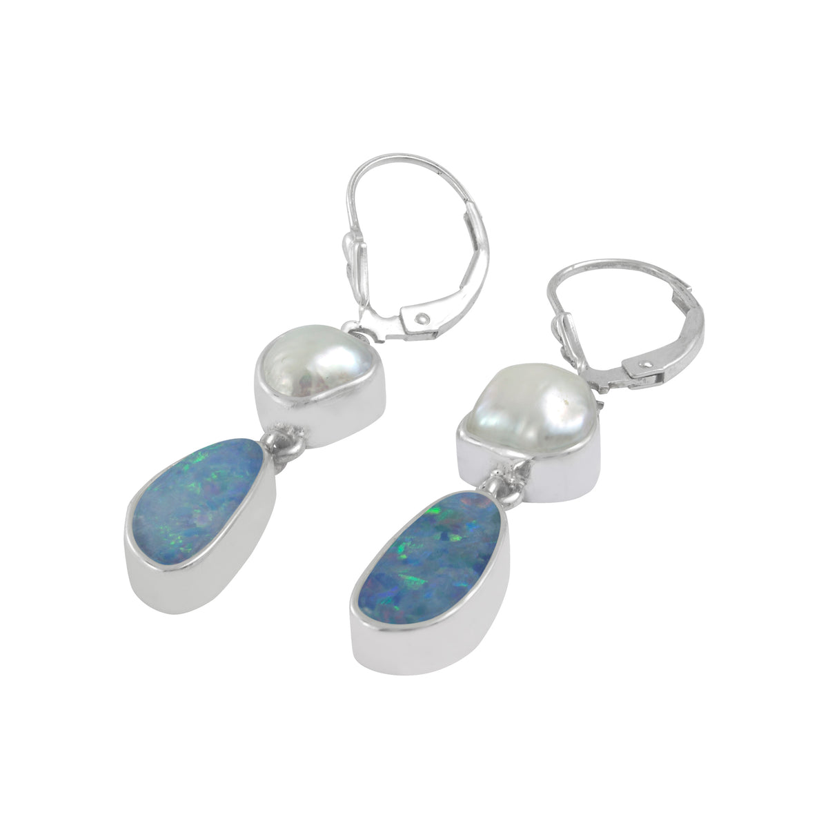 Silver Earring With Pearl White Keshi &amp; Free Form Opal Drop