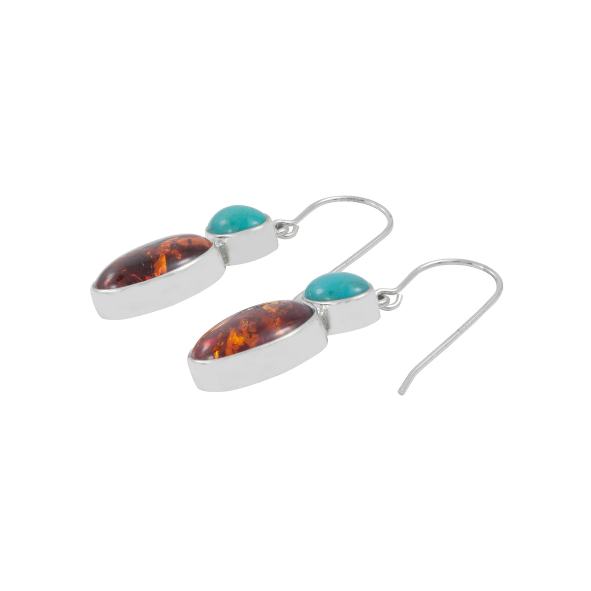 Silver Earring With Turquoise &amp; Amber Oval Drop