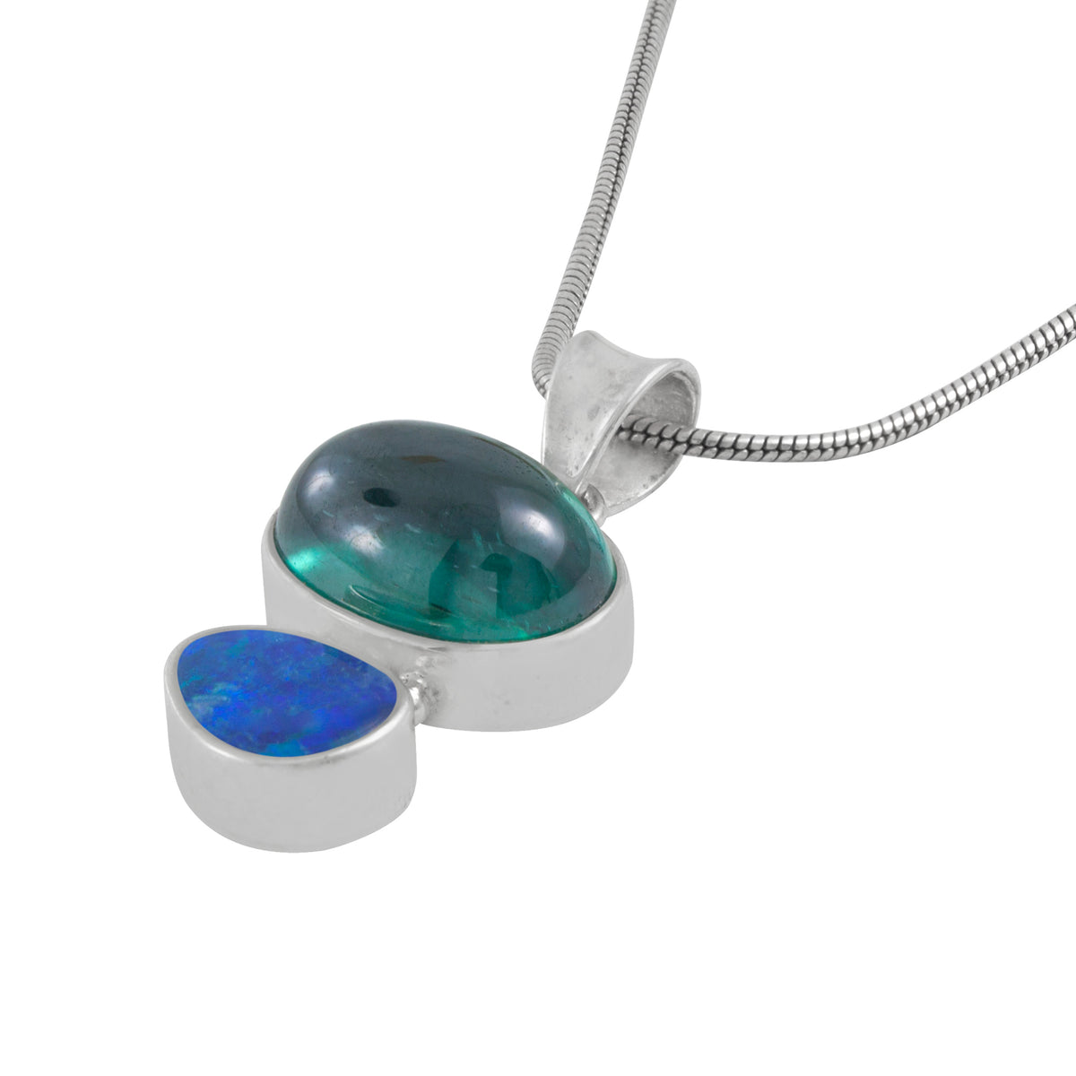 Silver Pendant With Green Topaz Oval Cab And Opal Free Form
