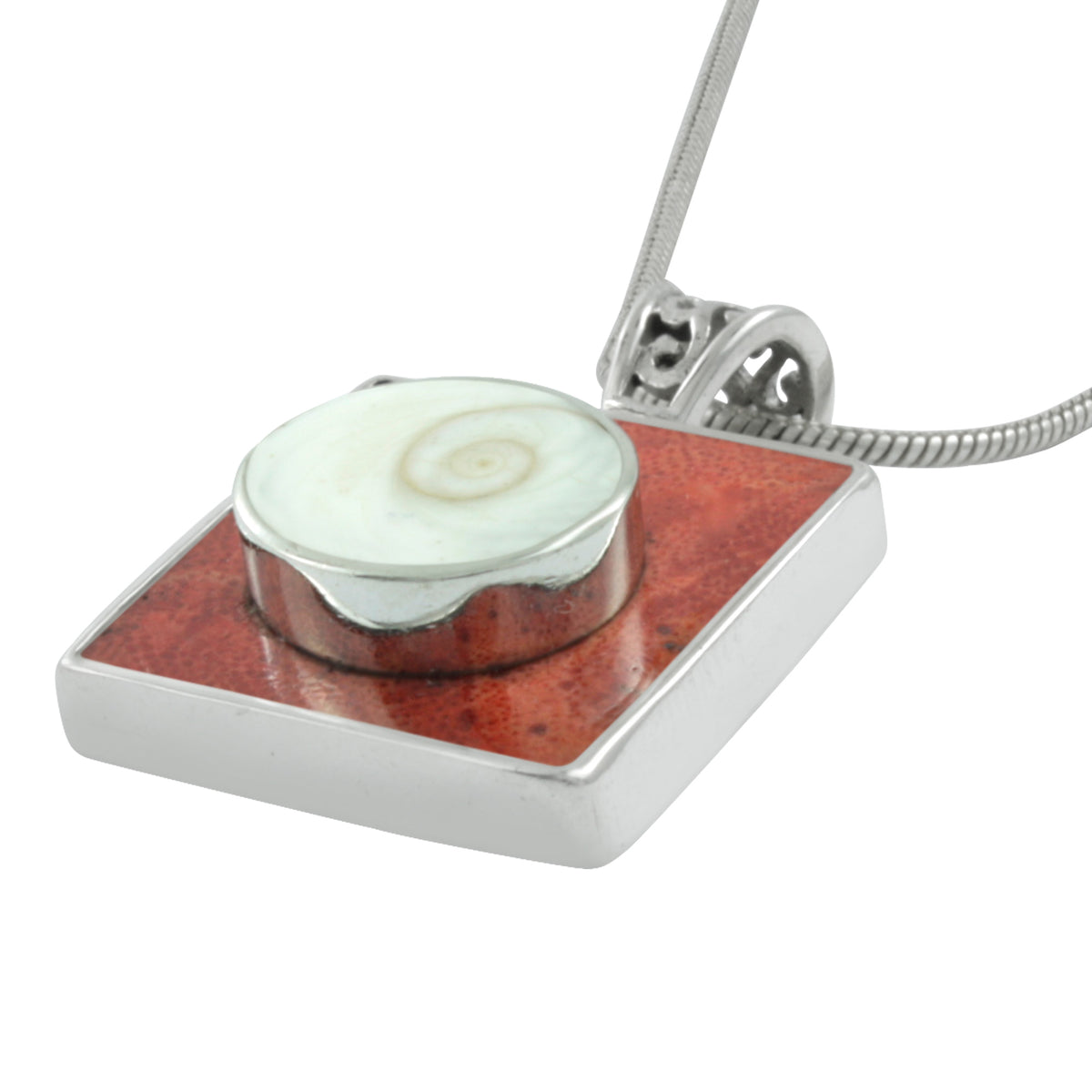 Silver Pendant Coral Square &amp; Shell Spiral Oval Stone