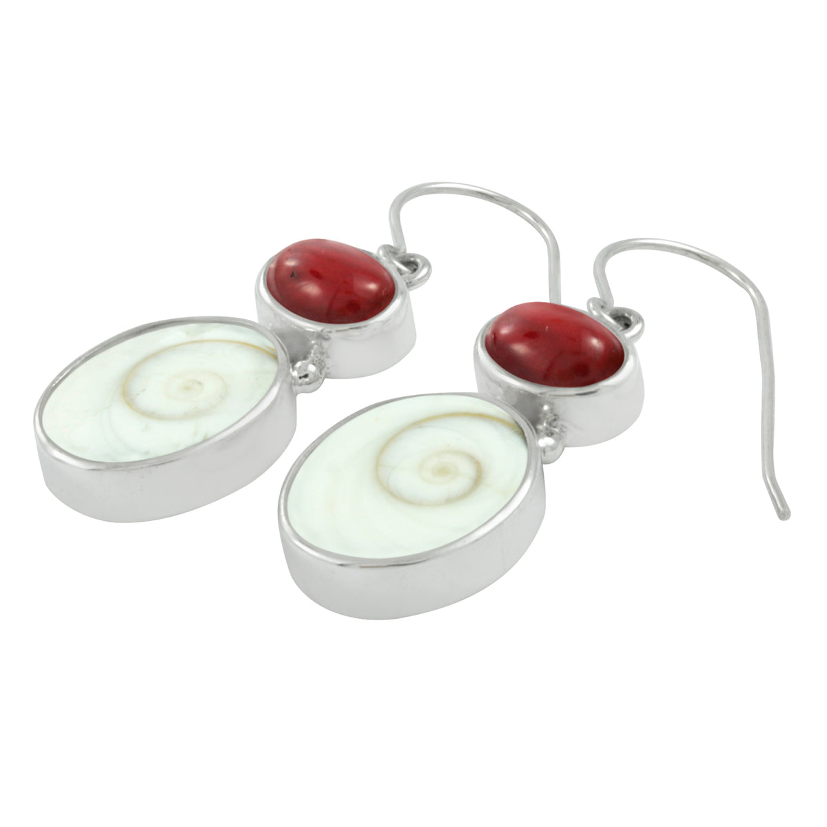 Silver Earring With Sponge Coral Oval &amp; Spirall Shell Drop