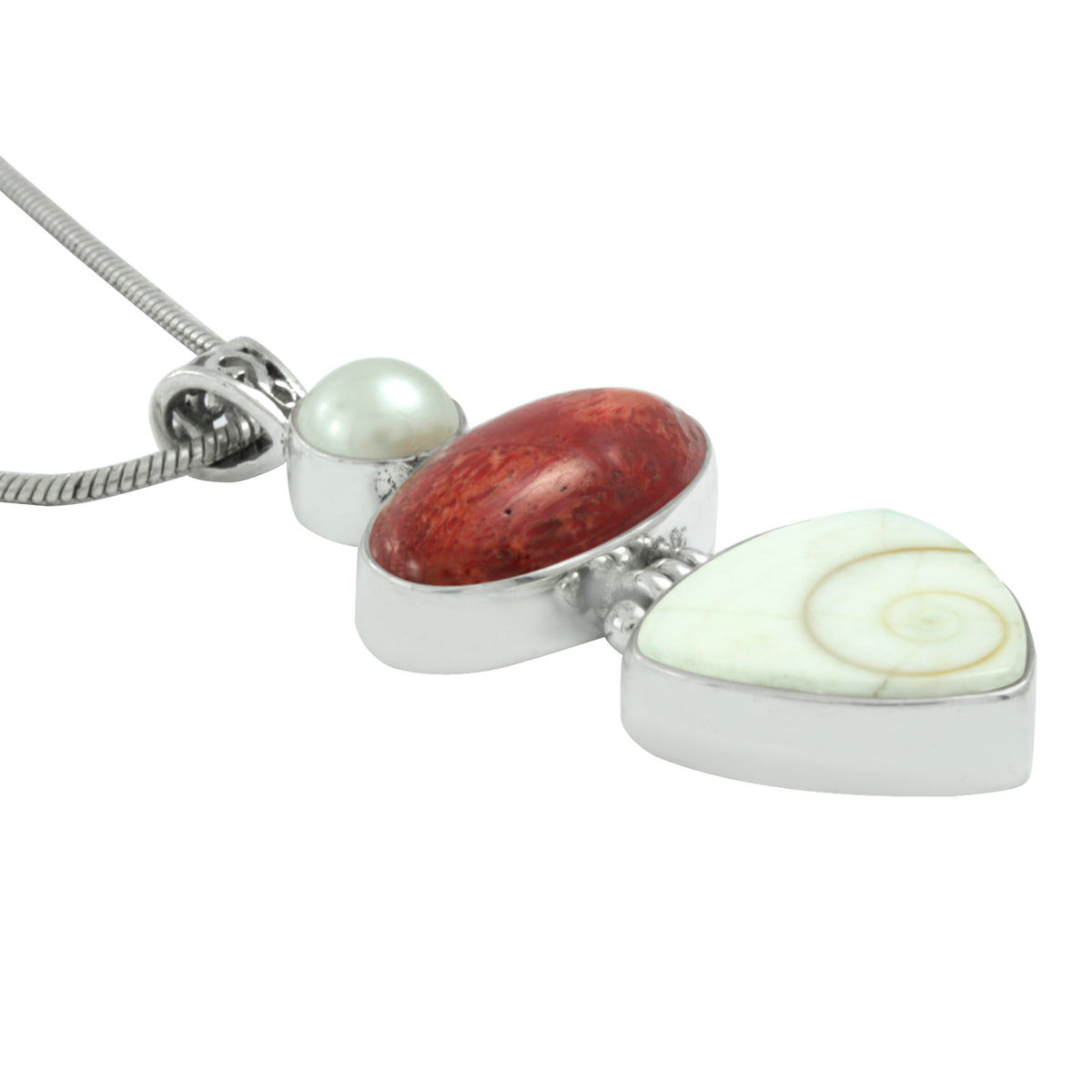 Silver Pendant With Pearl, Coral Oval &amp; Shell Piral Triangle