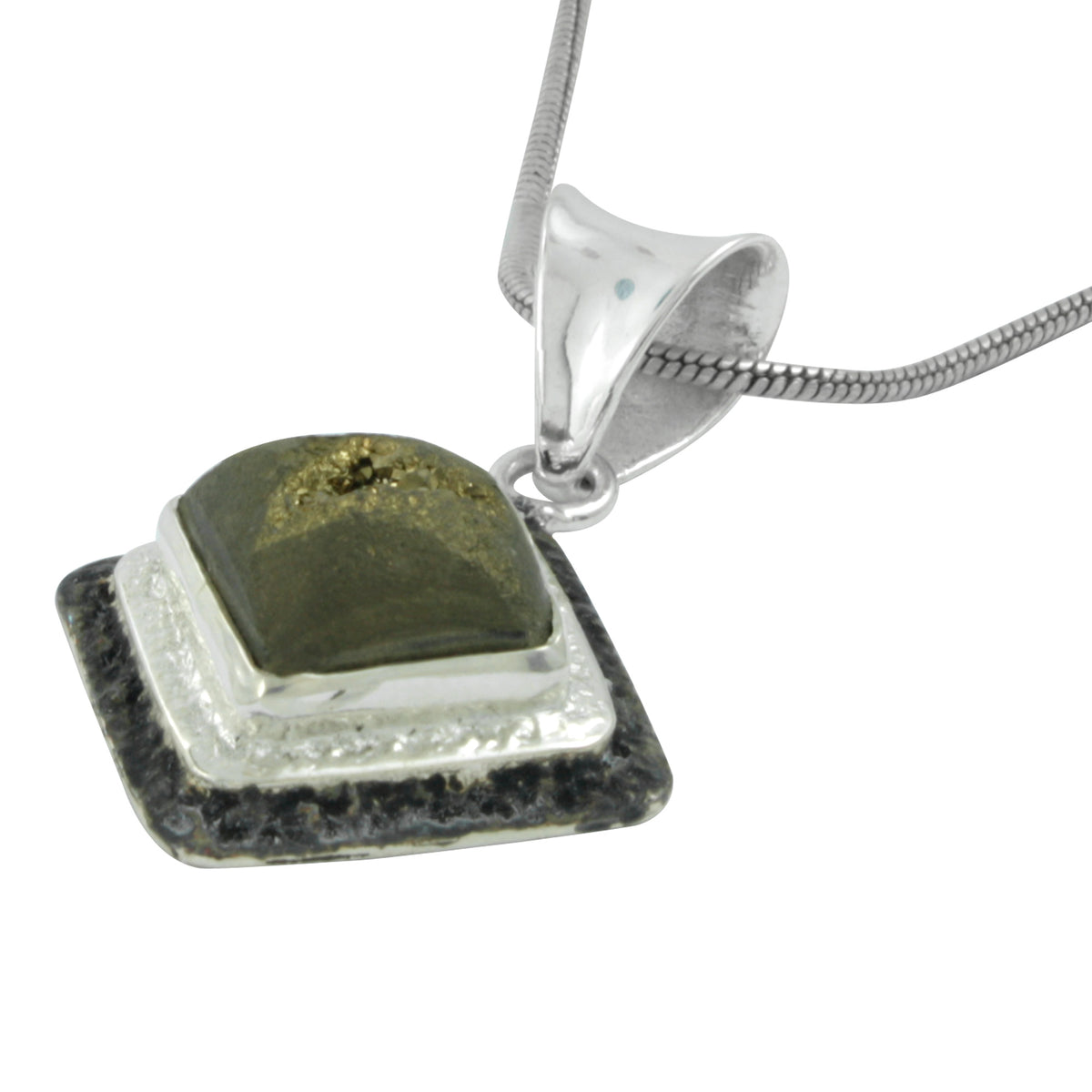 Contemporary Gold Druzy Silver Pendant with layered texture metal