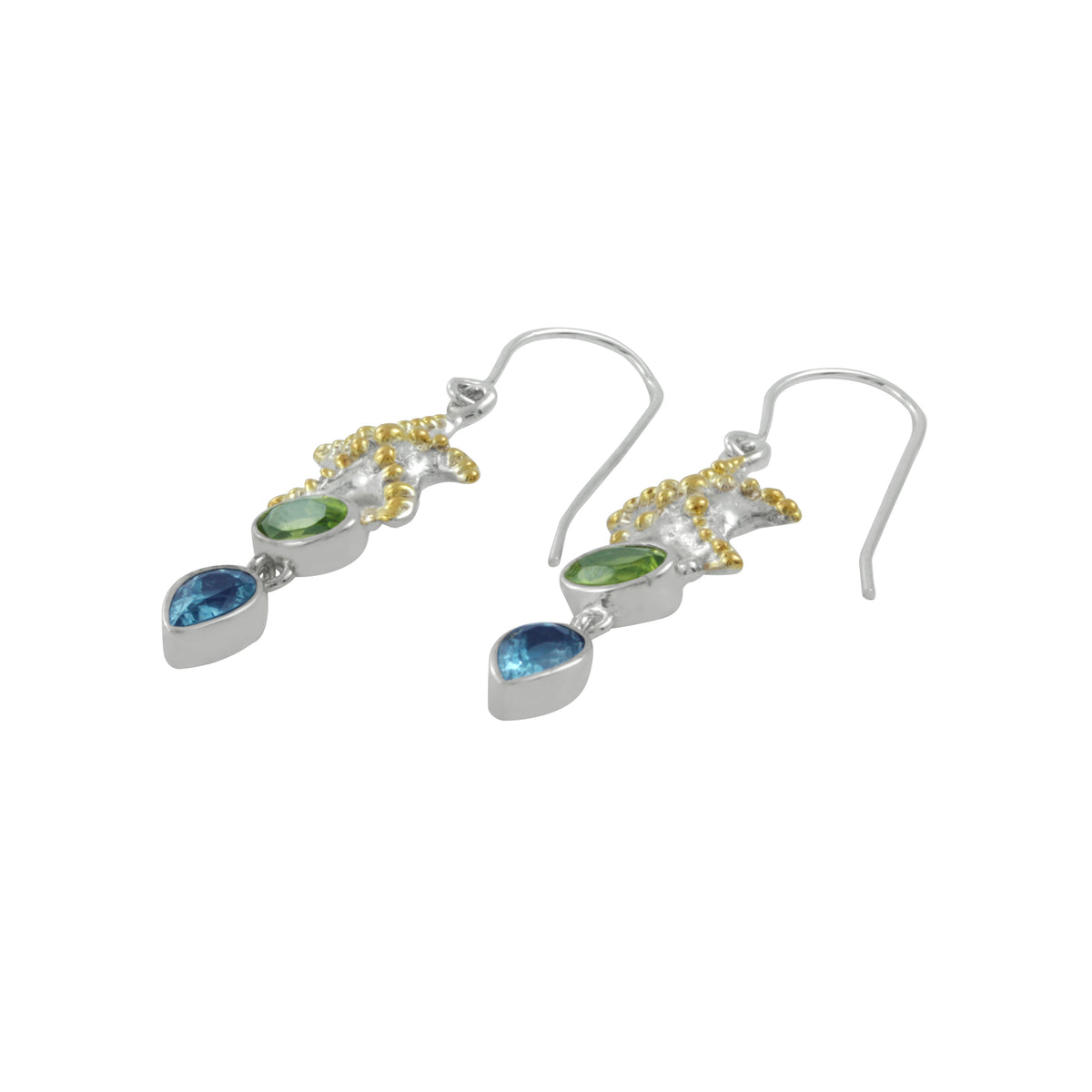 Silver Earring With Star Component With Peridot Oval And Blur Topaz Pear Facet