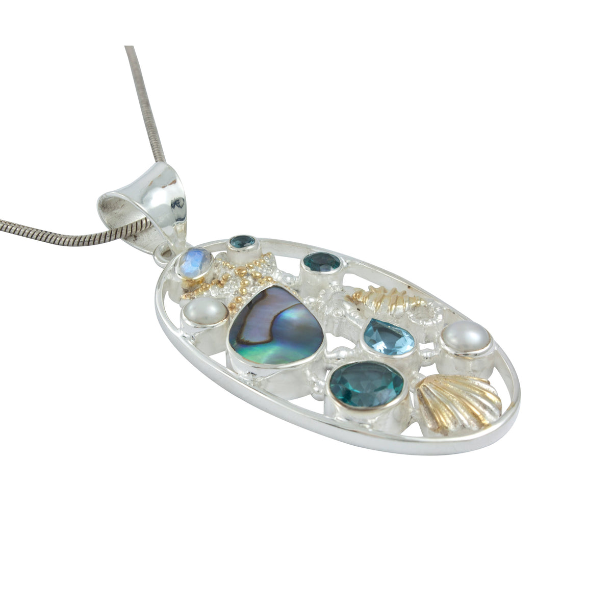 Silver Pendant With Multi Stone &amp; Sea Life Component Inside Oval Frame