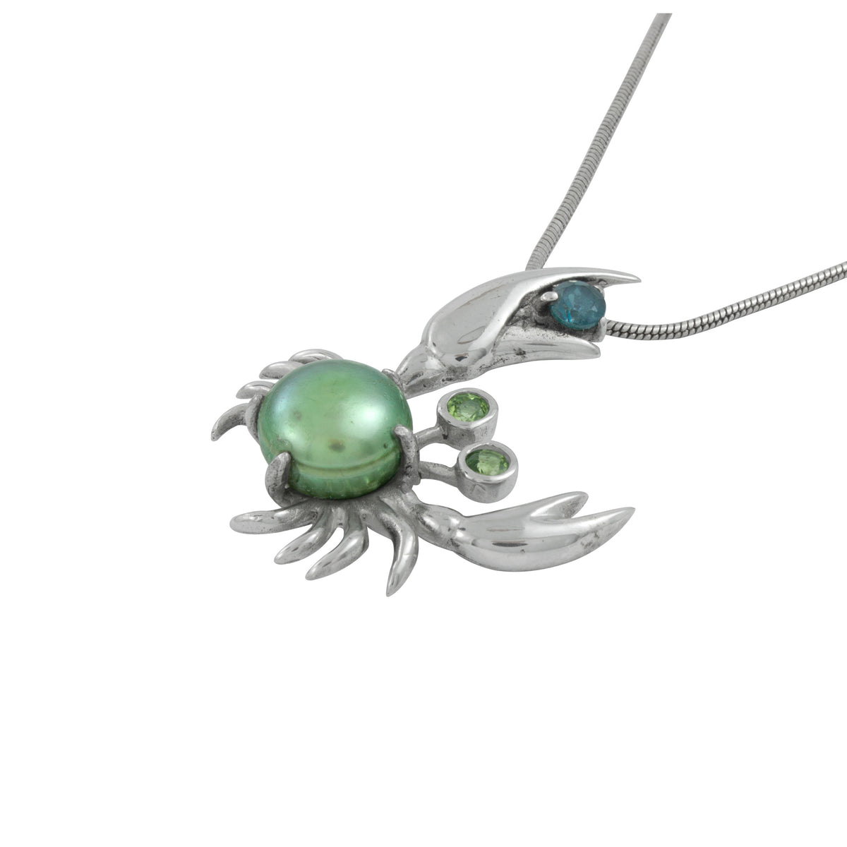 Silver Pendant Crab Omponent With Pearl, Peridot &amp; Green Quart Round Facet