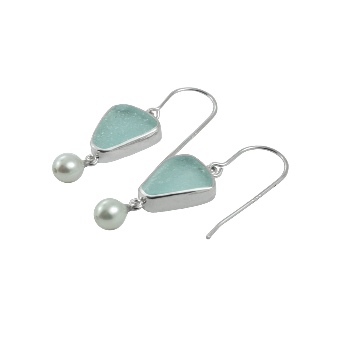 Exquisite Aqua Sea Glass earring with Pearl drop