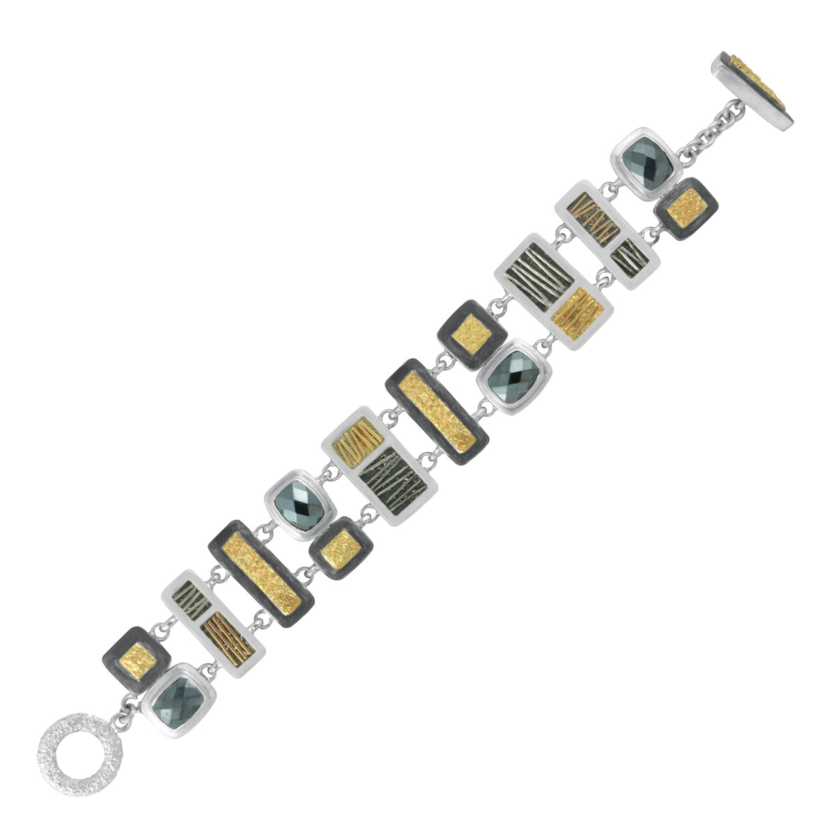 Silver Bracelet Geometric Patern With Texture Rectangle, Square Component, Gold Accent