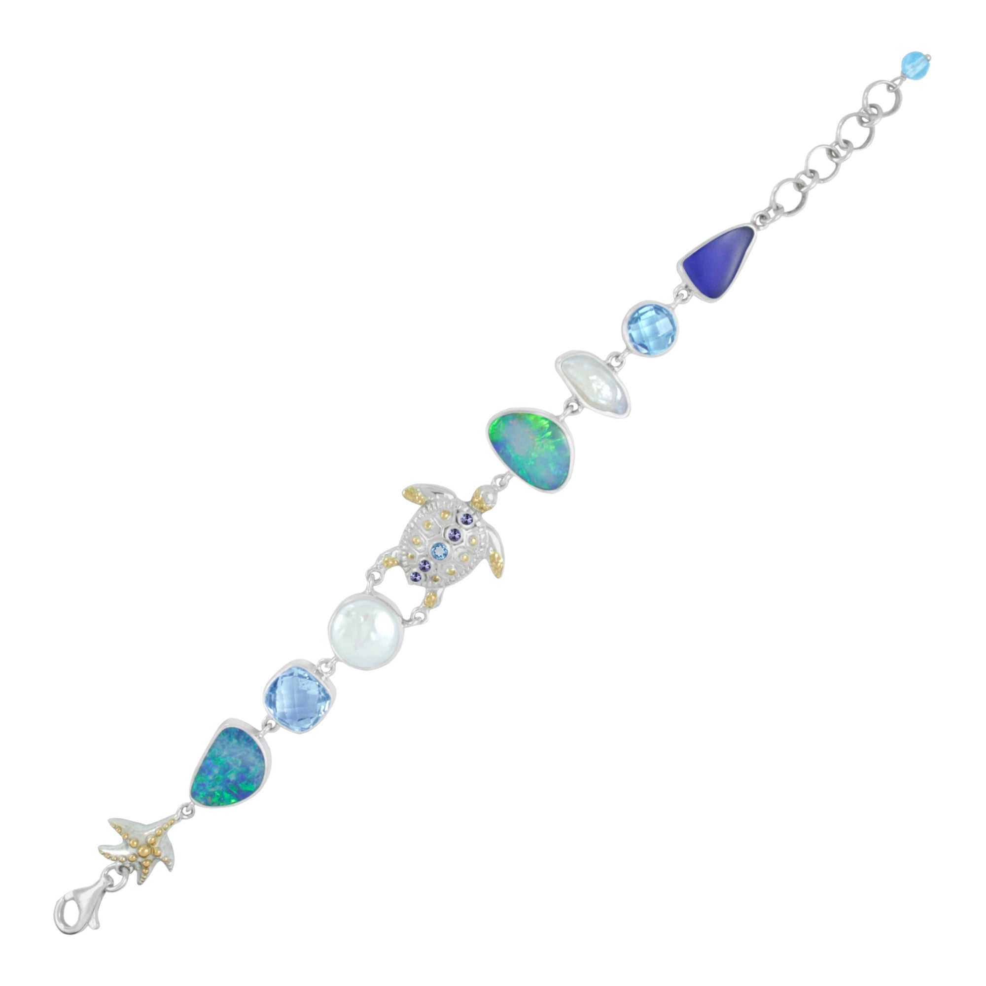 Exquisite Sea Life Bracelet featuring Sea Glass,Turtles, Opal and Gemstones.