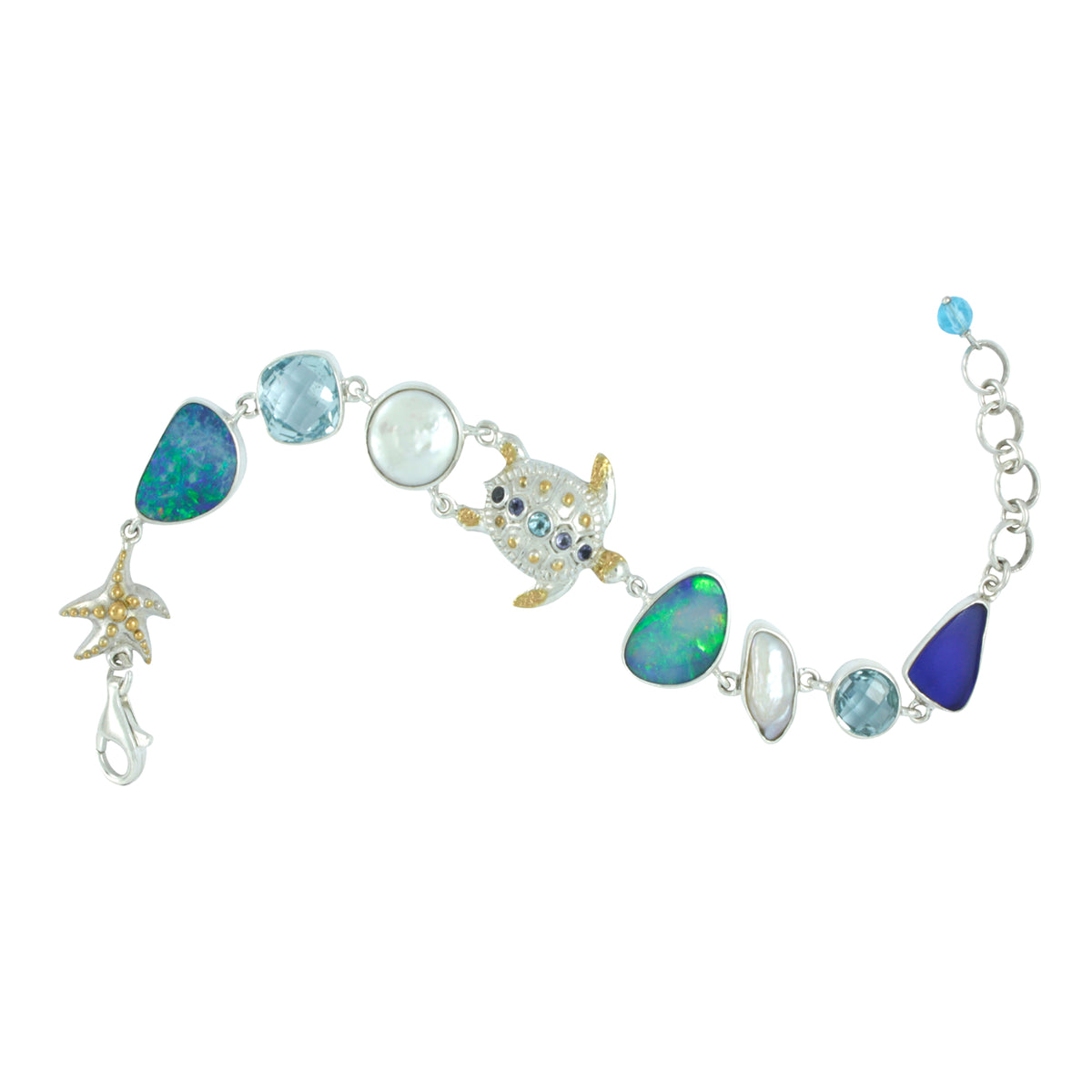Exquisite Sea Life Bracelet featuring Sea Glass,Turtles, Opal and Gemstones.