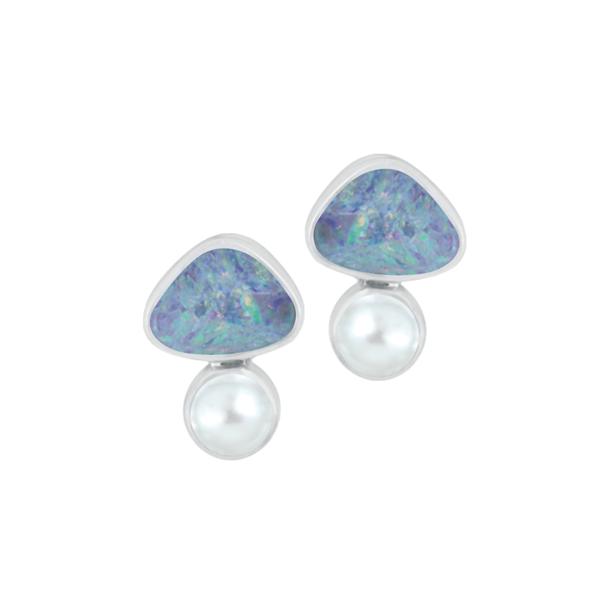 Silver Stud Earring With Opal Free Form &amp; Pearl
