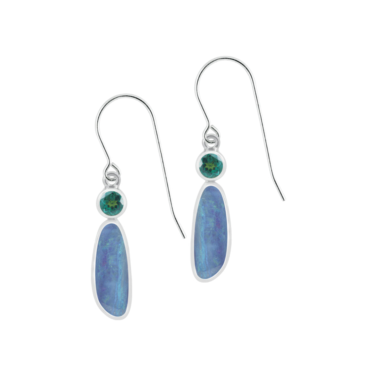 Silver Earring With Free Form Opal &amp; Green  Topaz Round