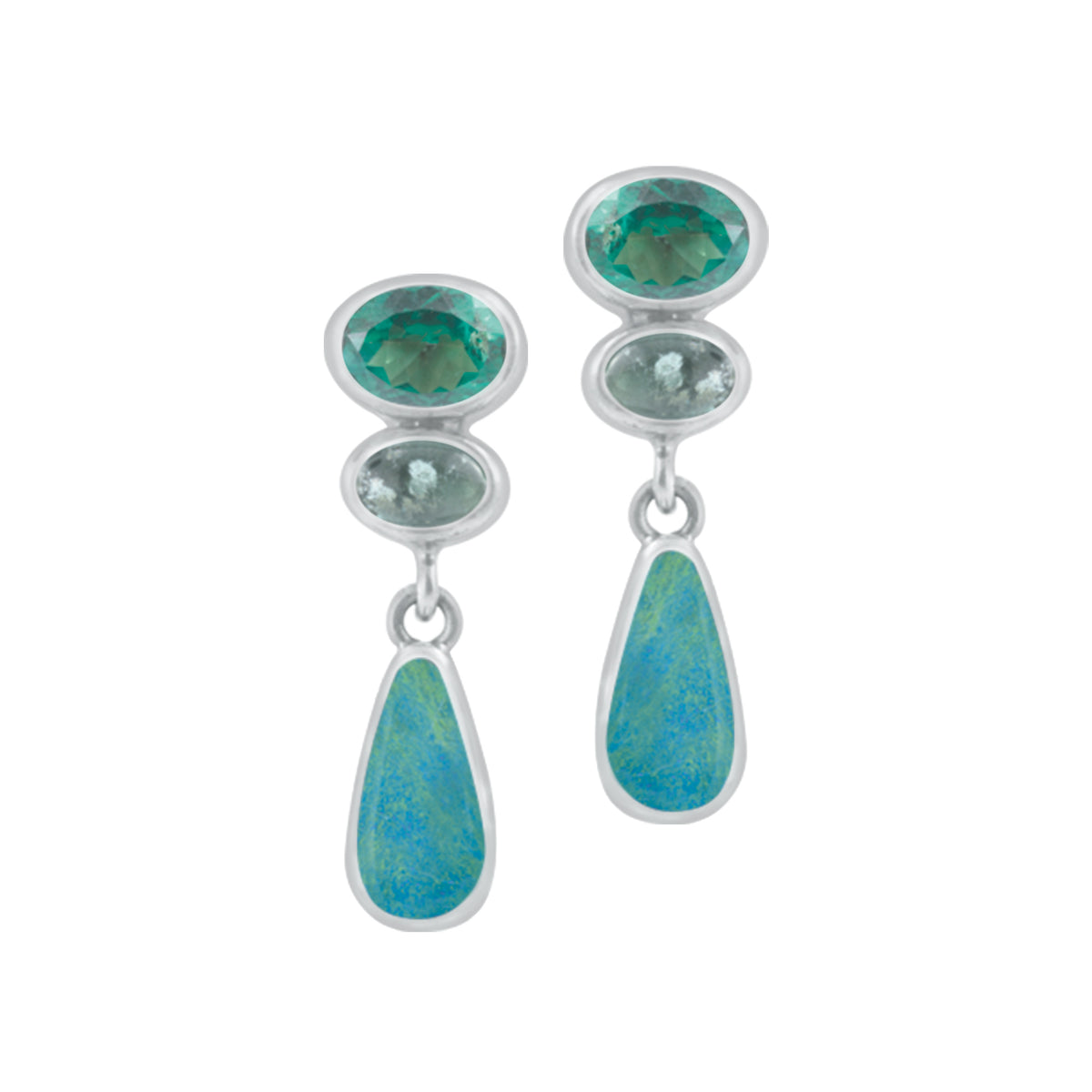 Silver Earring With Green Topaz Oval Facet, Appatite Oval Cab &amp; Opal Free Form Drop