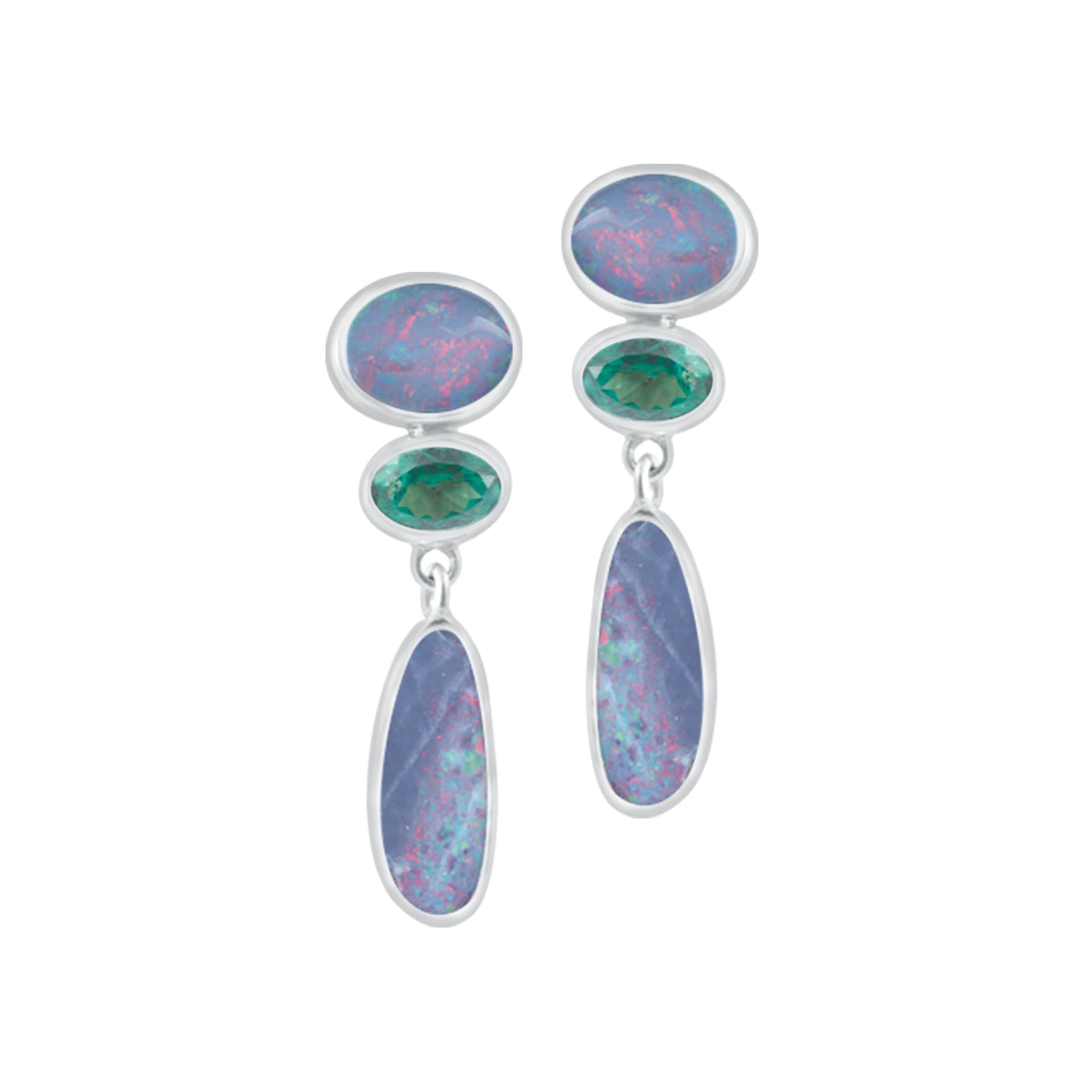 Silver Earring With Free Form Opal &amp; Green Topaz