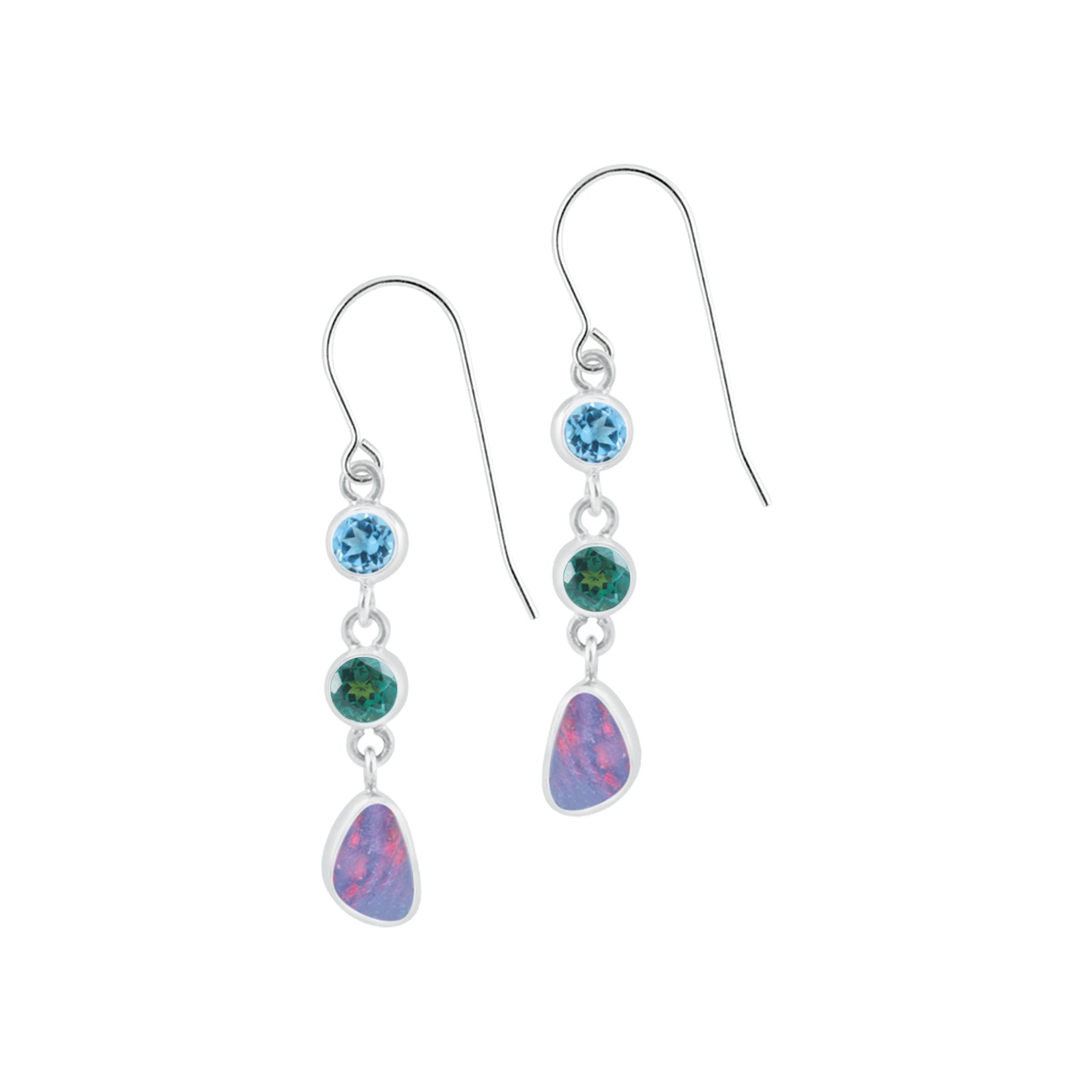 Silver Earring With Blue Topaz, Green Quartz Round & Opal Drop