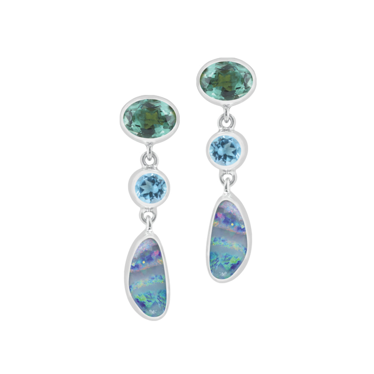 Silver Earring Stud With Blue Topaz Round, Green Quartz Oval &amp; Opal Free Form