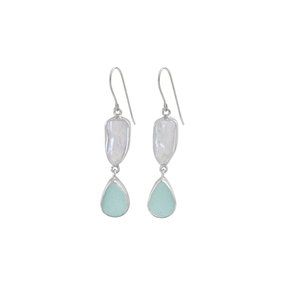 Silver Earring With Pearl Biwa &amp; Sea Glass