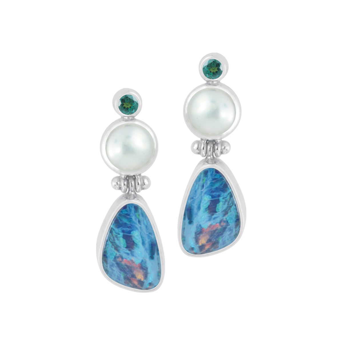 Silver Earring Stud With Green Quartz, Pearl &amp; Opal Free Form