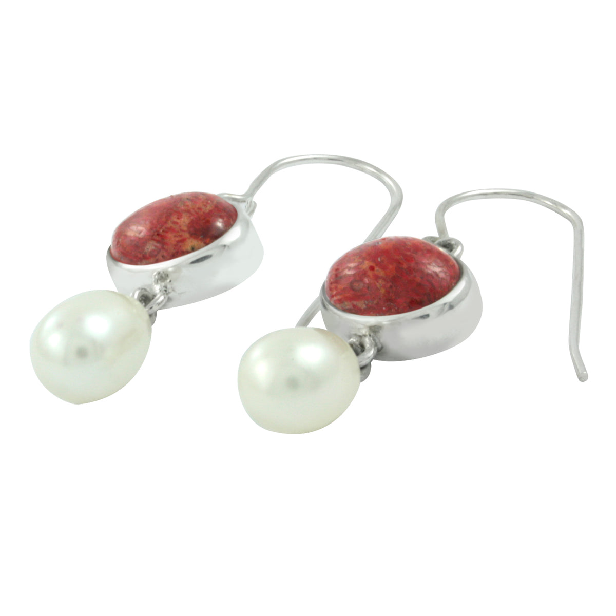 Silver Earring With Red Coral Oval &amp; Pearl