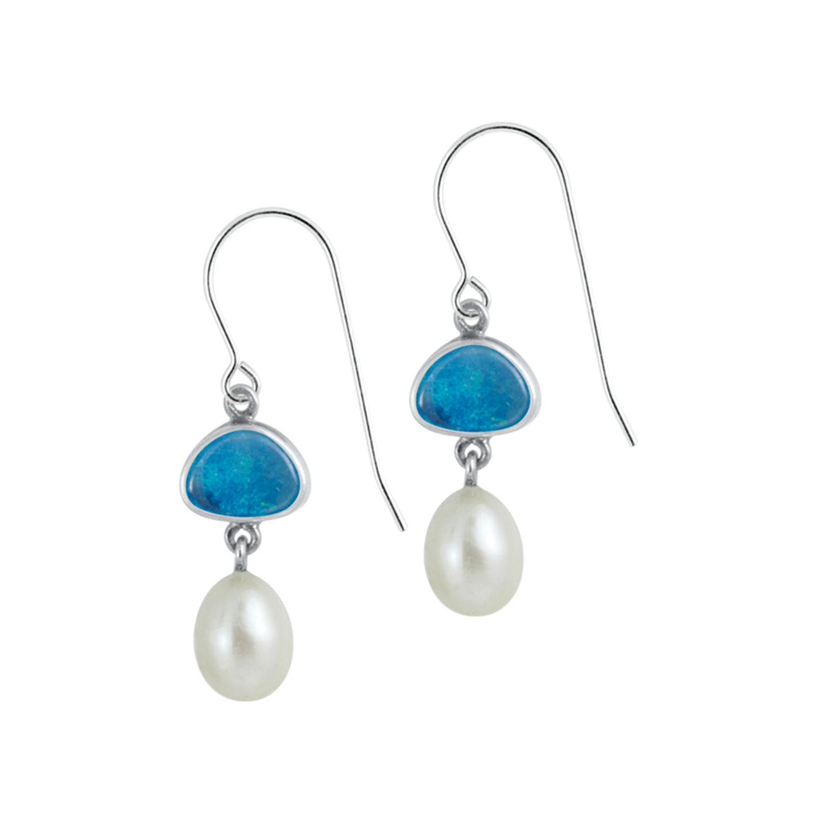 Silver Earring Hook With Opal Free Form &amp; Pearl Drop