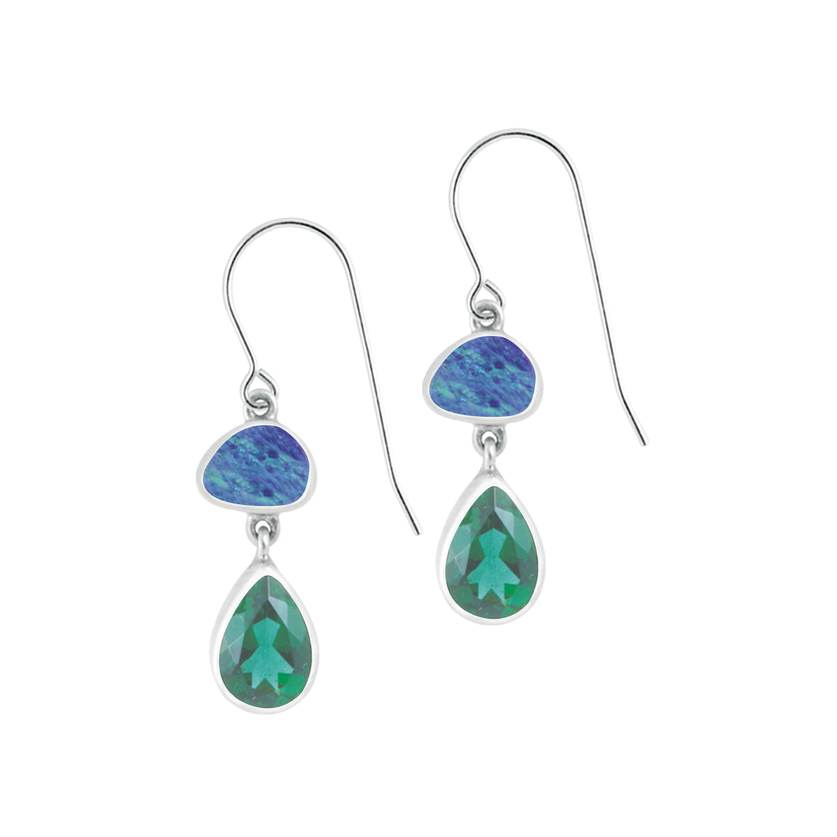 Silver Earring With Opal Free Form &amp; Green Quartz Tear Drop