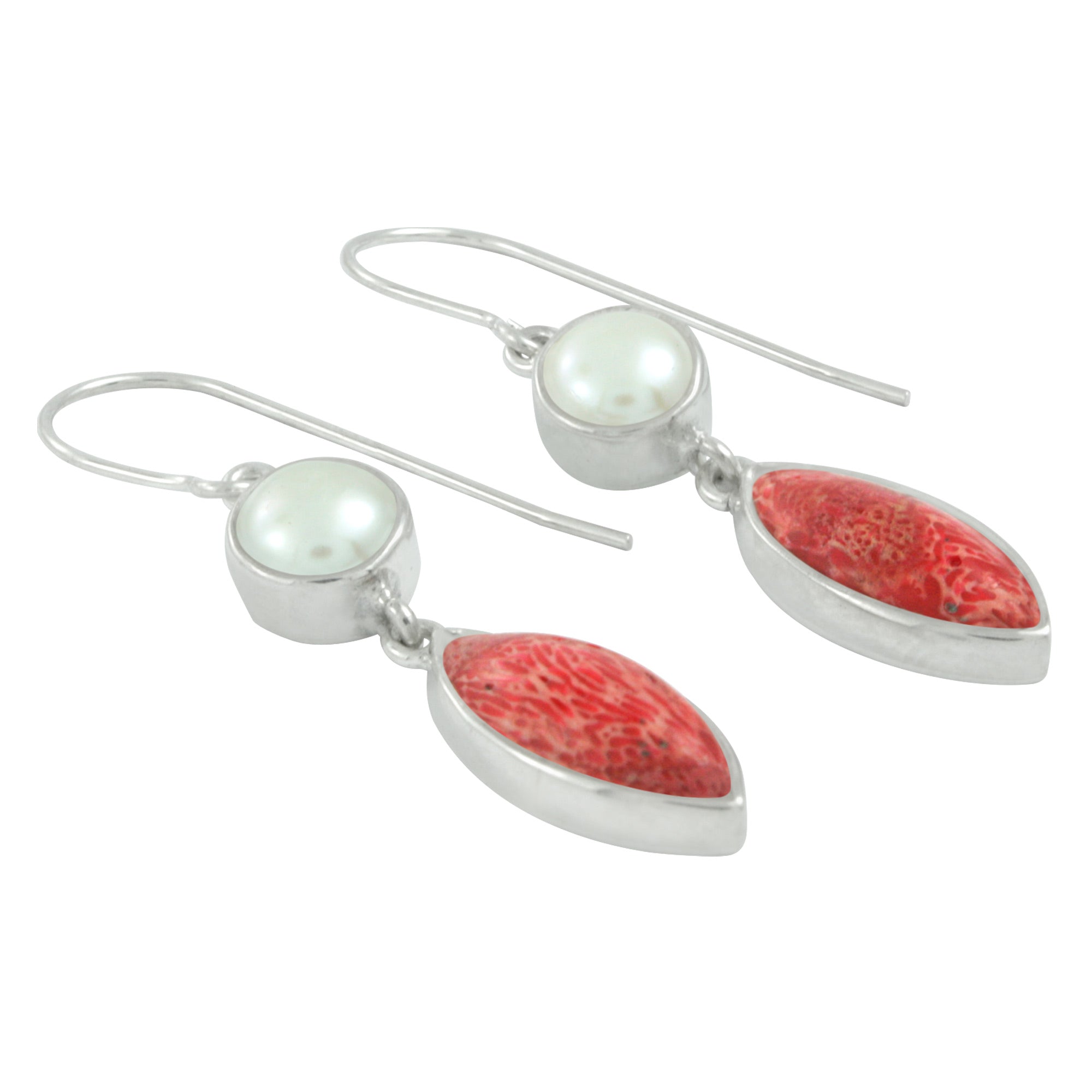 Simply Elegant Sponge Coral &amp; Pearl Silver Earrings