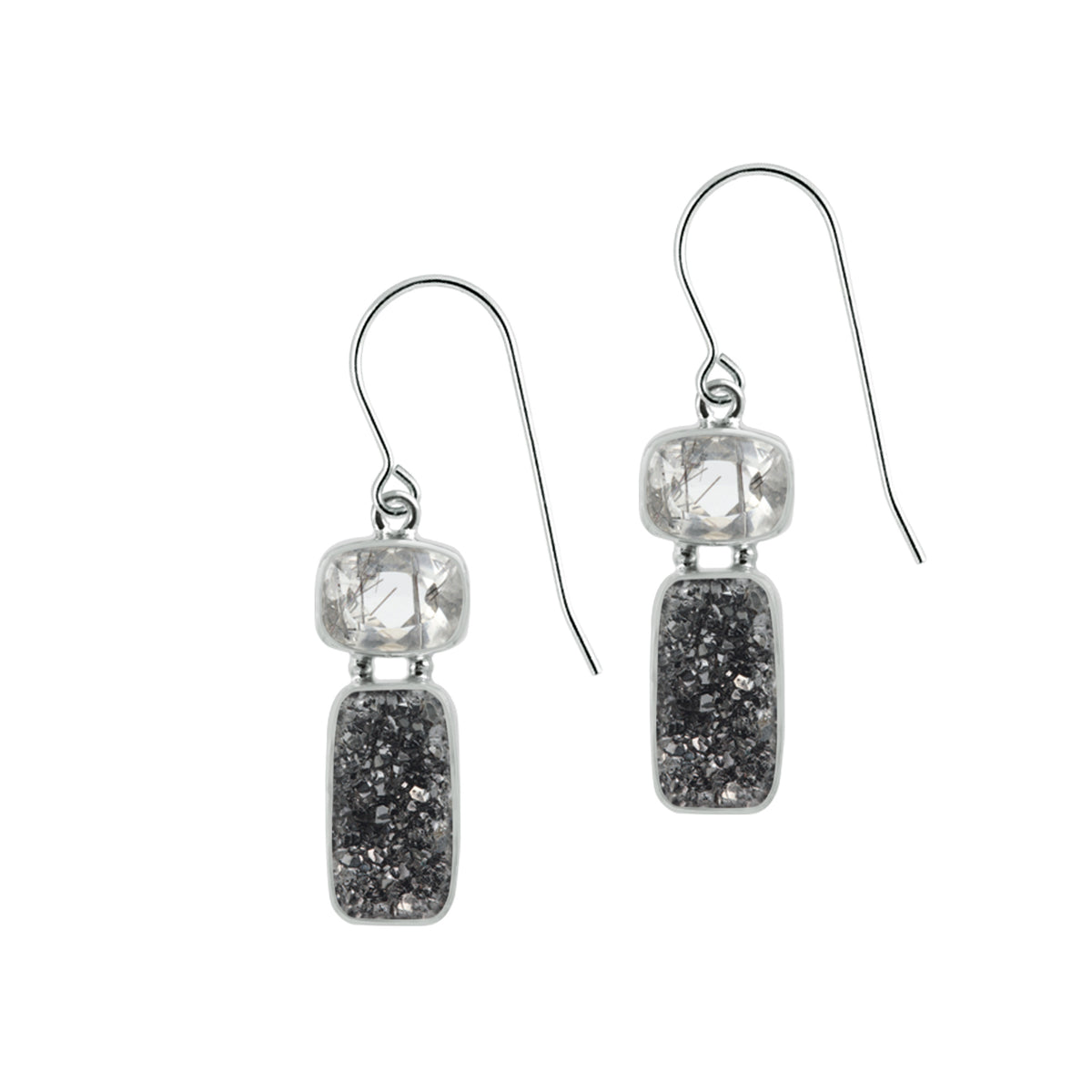 Silver Earring With Tourmalated Quartz &amp; Druzy Black Knight Rectangle Cushion