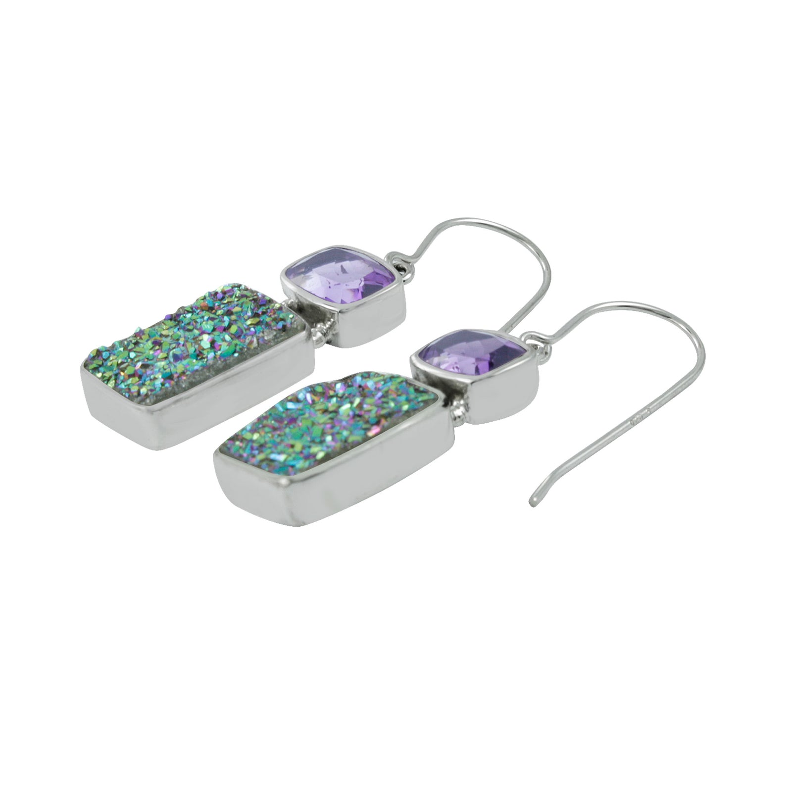 Silver Earring With Amy & Peacok Druzy Rectangle