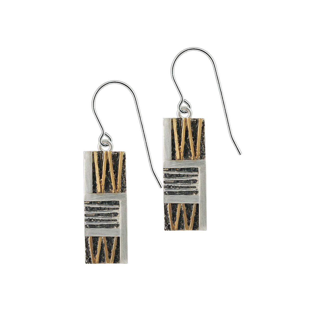 Contemporary 2 tone silver and gold earring with oxidized finish