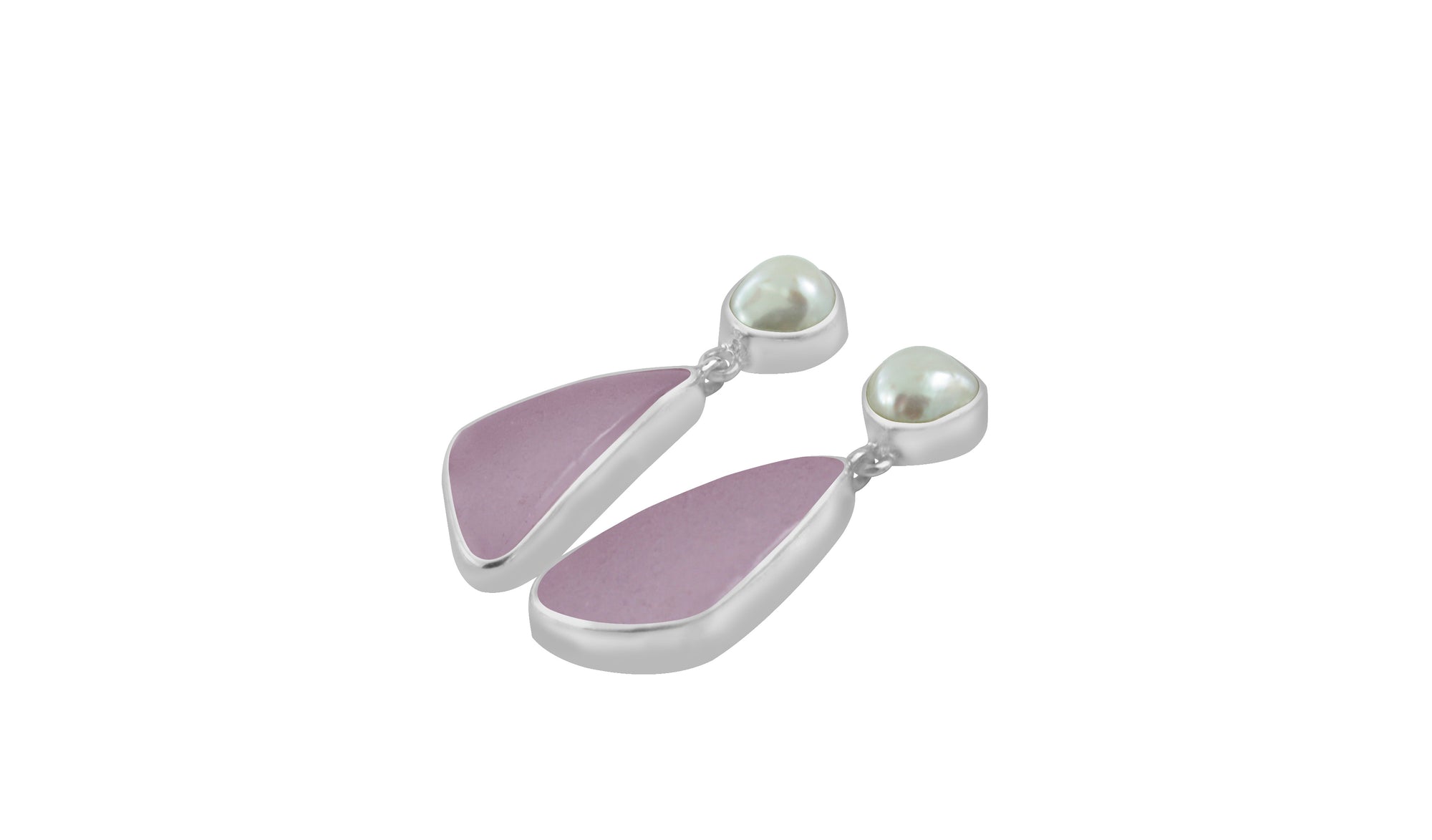 Silver Earring With  Pearl Keishi & Sea Glass Lavendre Drop