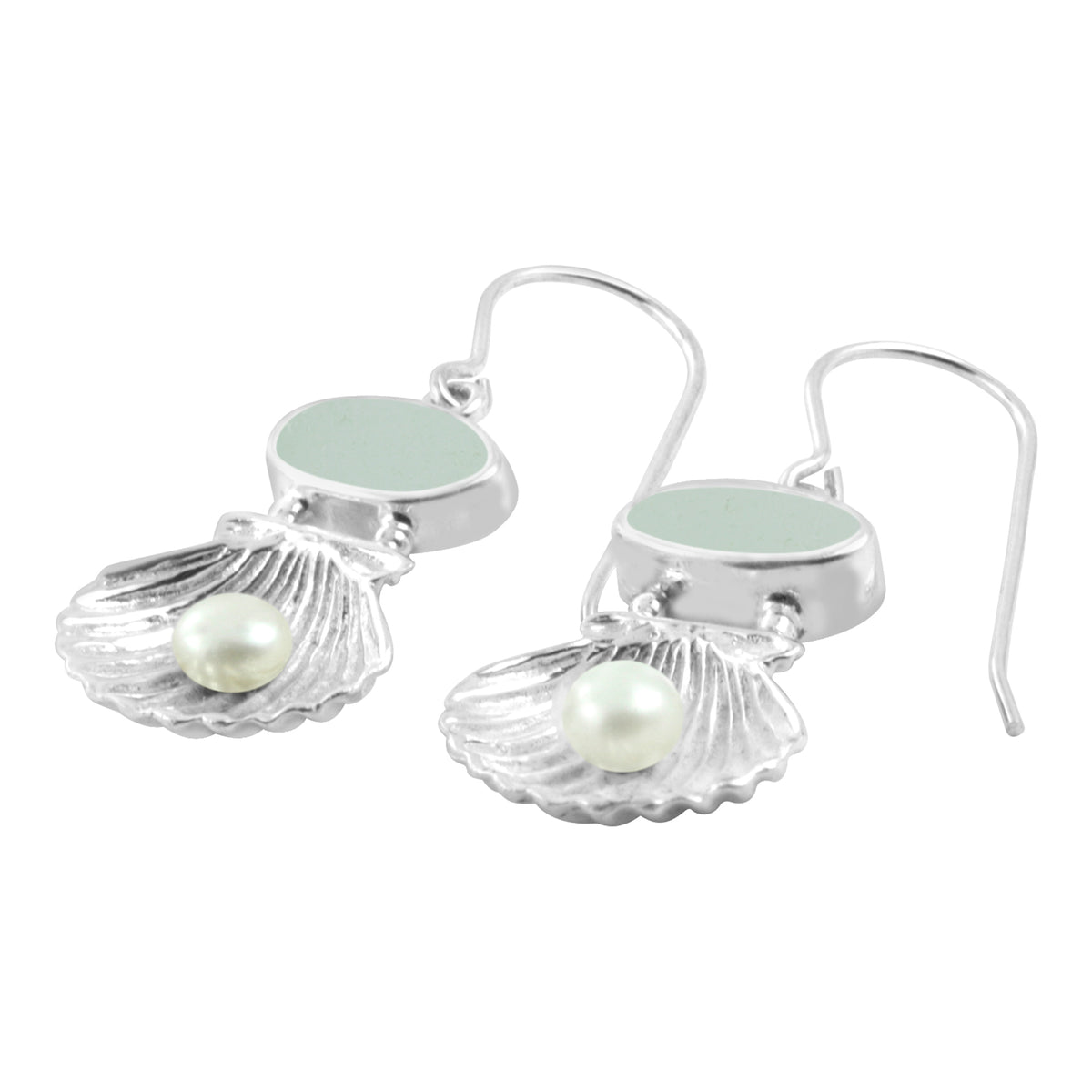 Silver Sea Shell Earring With  Sea Glass and Pearl Treasure