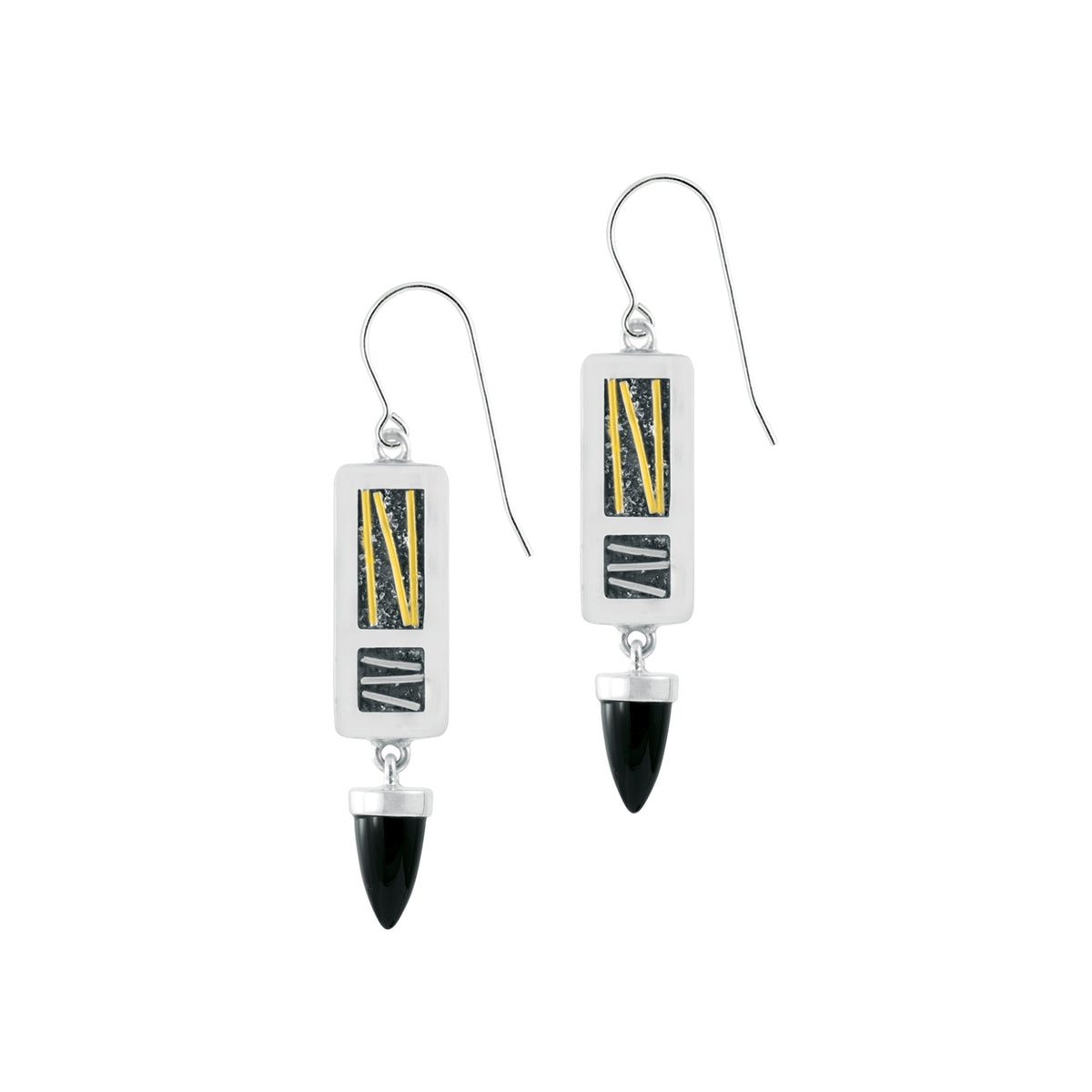 Contemporary 2 tone silver and gold earing with onyx drop