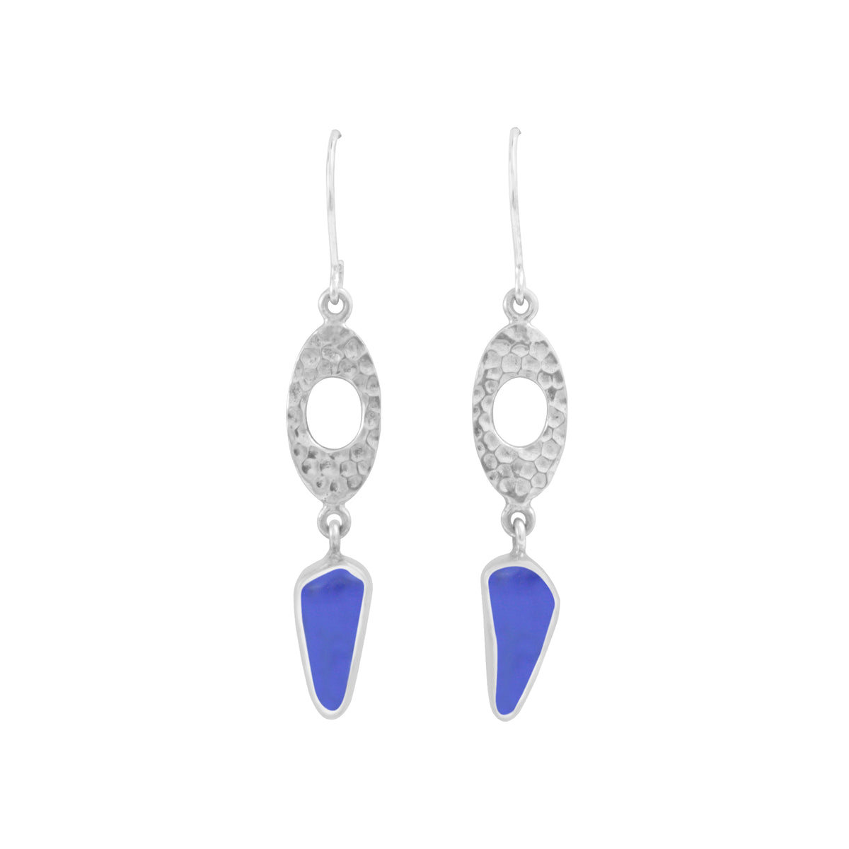 Silver Earring With Hammer Component With Blue Sea Glass Drop