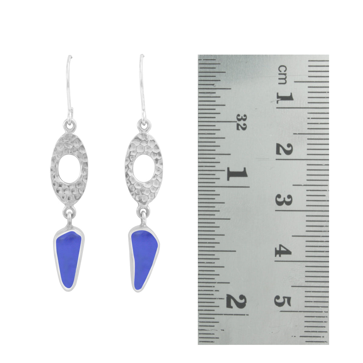 Silver Earring With Hammer Component With Blue Sea Glass Drop