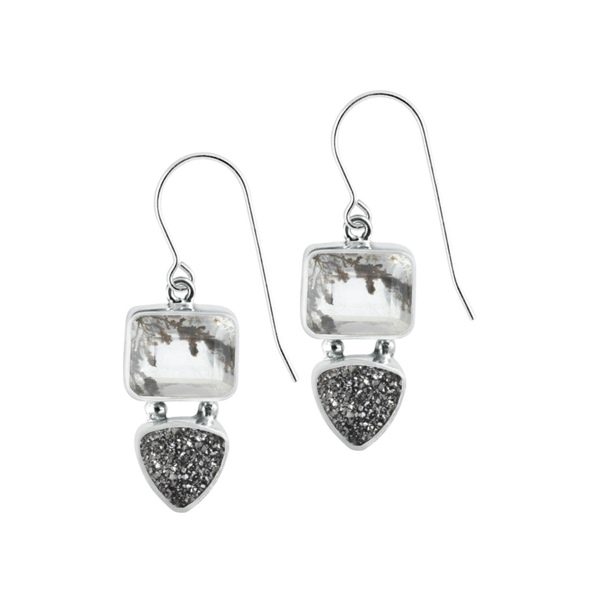 Silver Earring With Dendritic Quartz &amp; Druzy Black Trilion