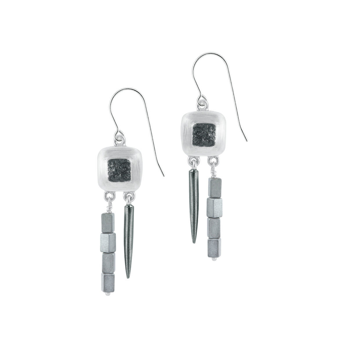 Silver Earring With Hemotite Rectangle Matt Silver