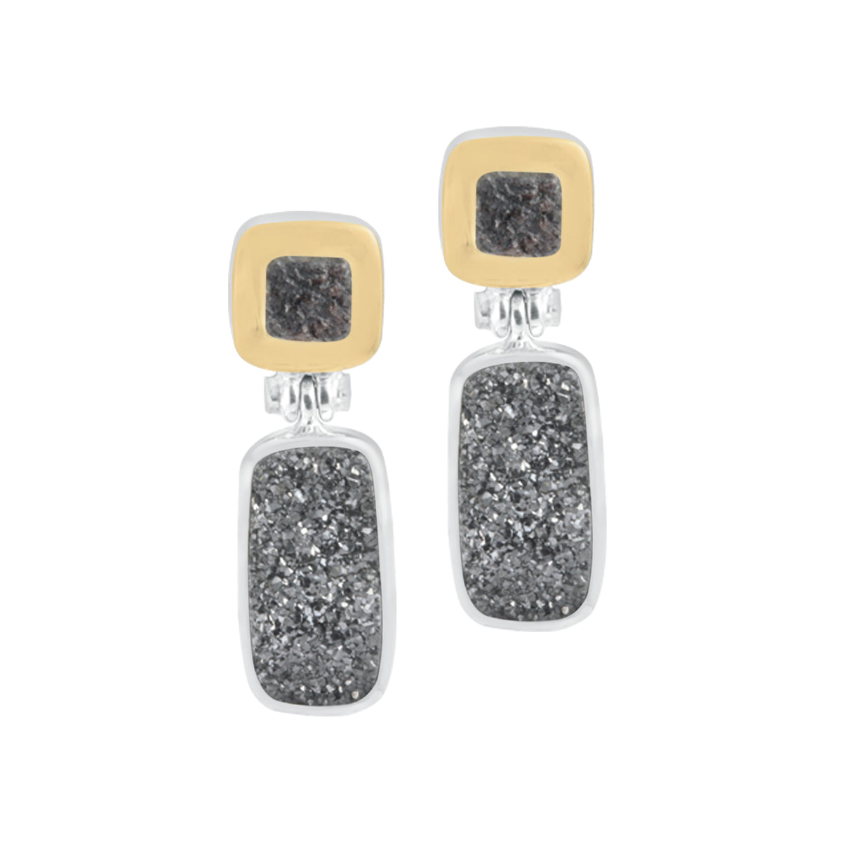 Silver Earring Texture Component With Druzy Black Knight Rectangle Cushion