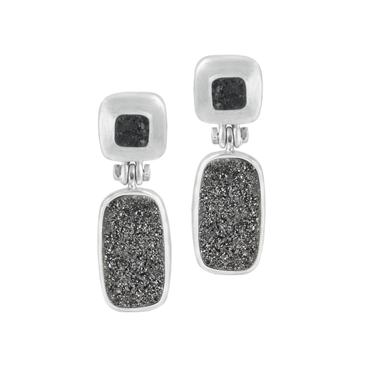 Silver Earring Texture Component With Druzy Black Knight Rectangle Cushion