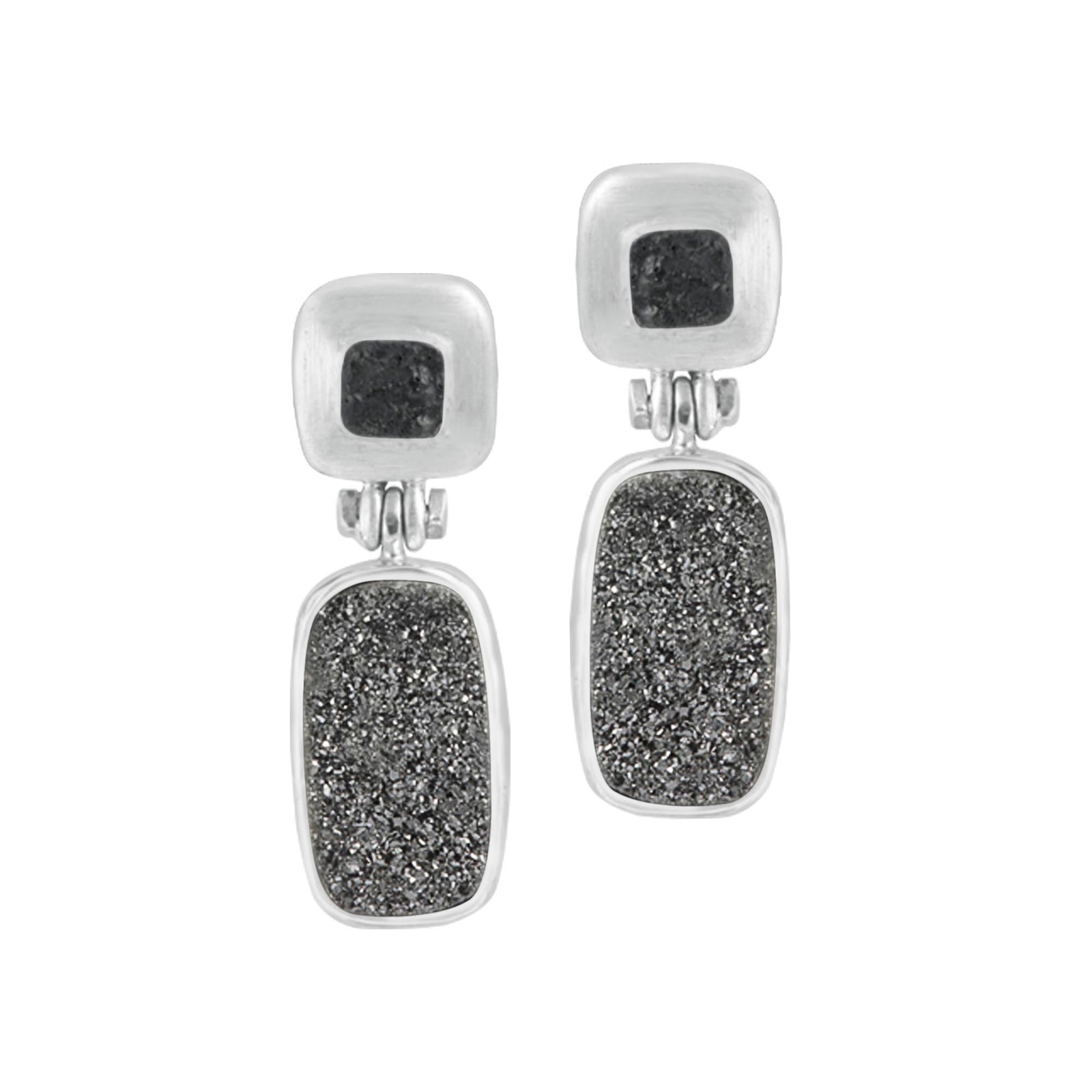 Silver Earring Texture Component With Druzy Black Knight Rectangle Cushion