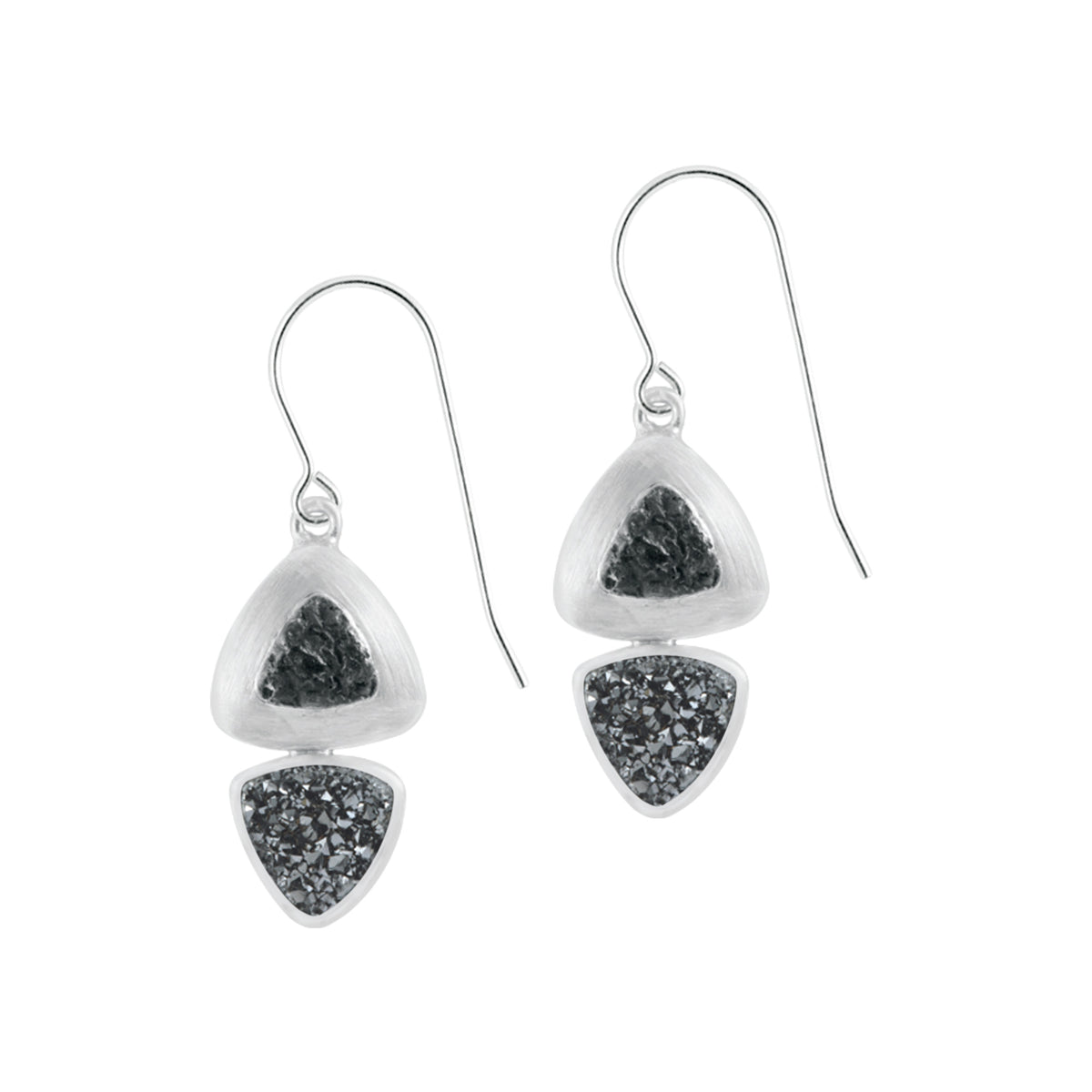 Silver Earring Texture Component With Druzy Black Knight Triangle