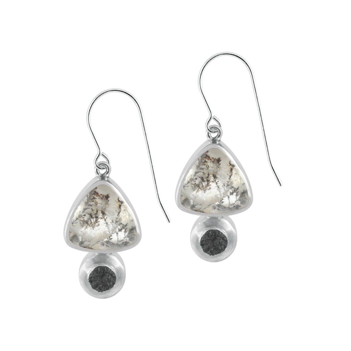Silver Earring With Dendritic Quartz Triangle Butt Top