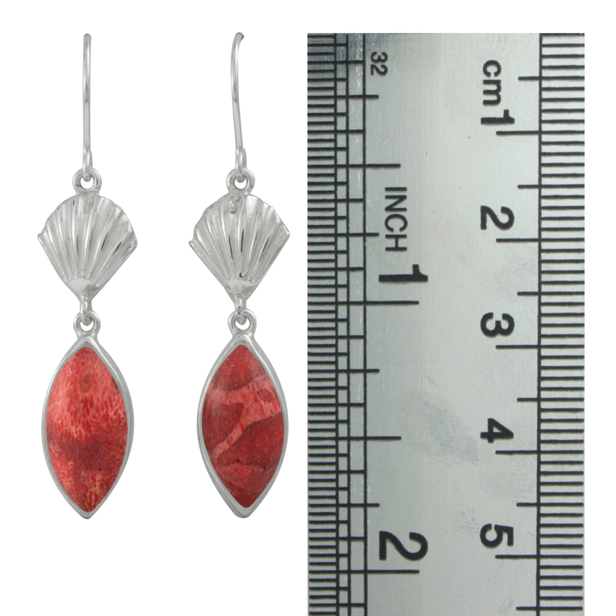 Silver Earring With Shell Component &amp; Sponge Coral Marquoise