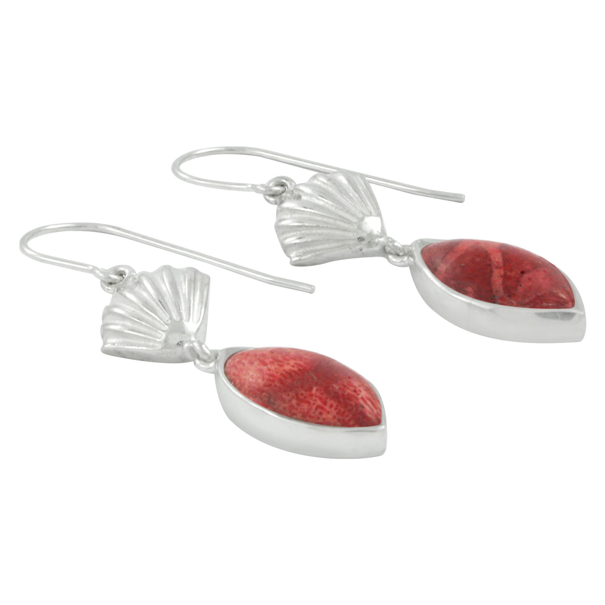 Silver Earring With Shell Component & Sponge Coral Marquoise