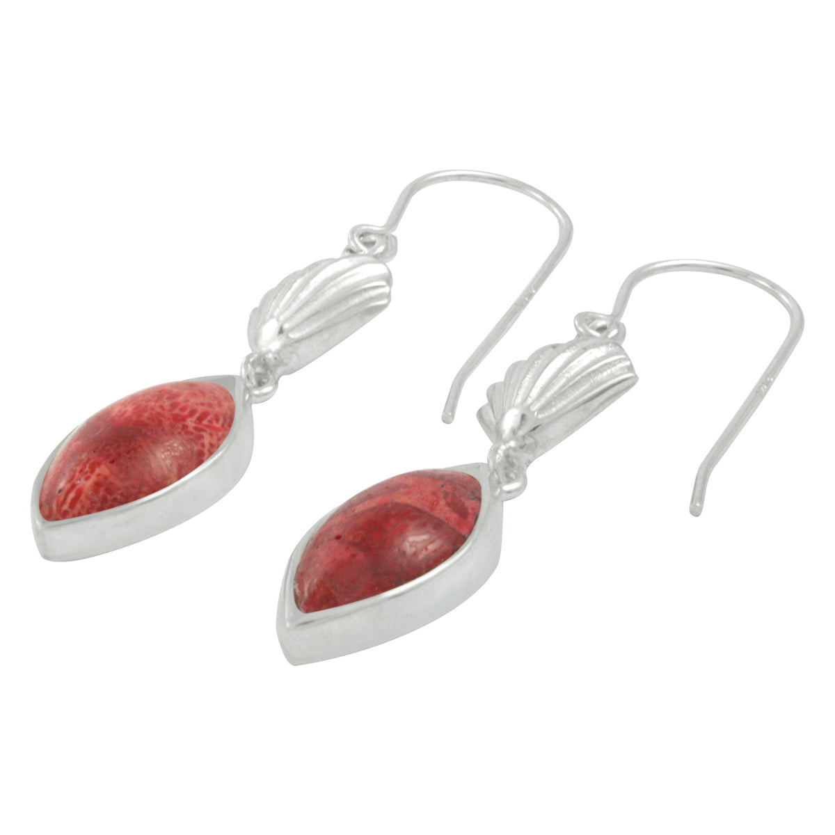 Silver Earring With Shell Component &amp; Sponge Coral Marquoise