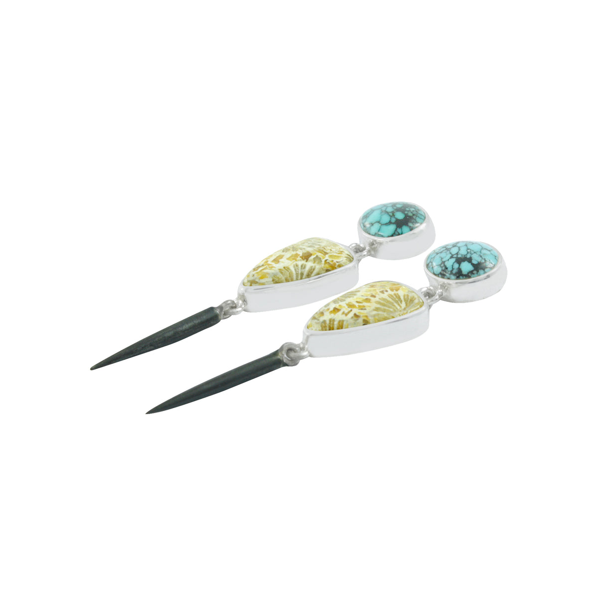 Silver Earring With Turquoise Oval, Fossil Coral Tongue