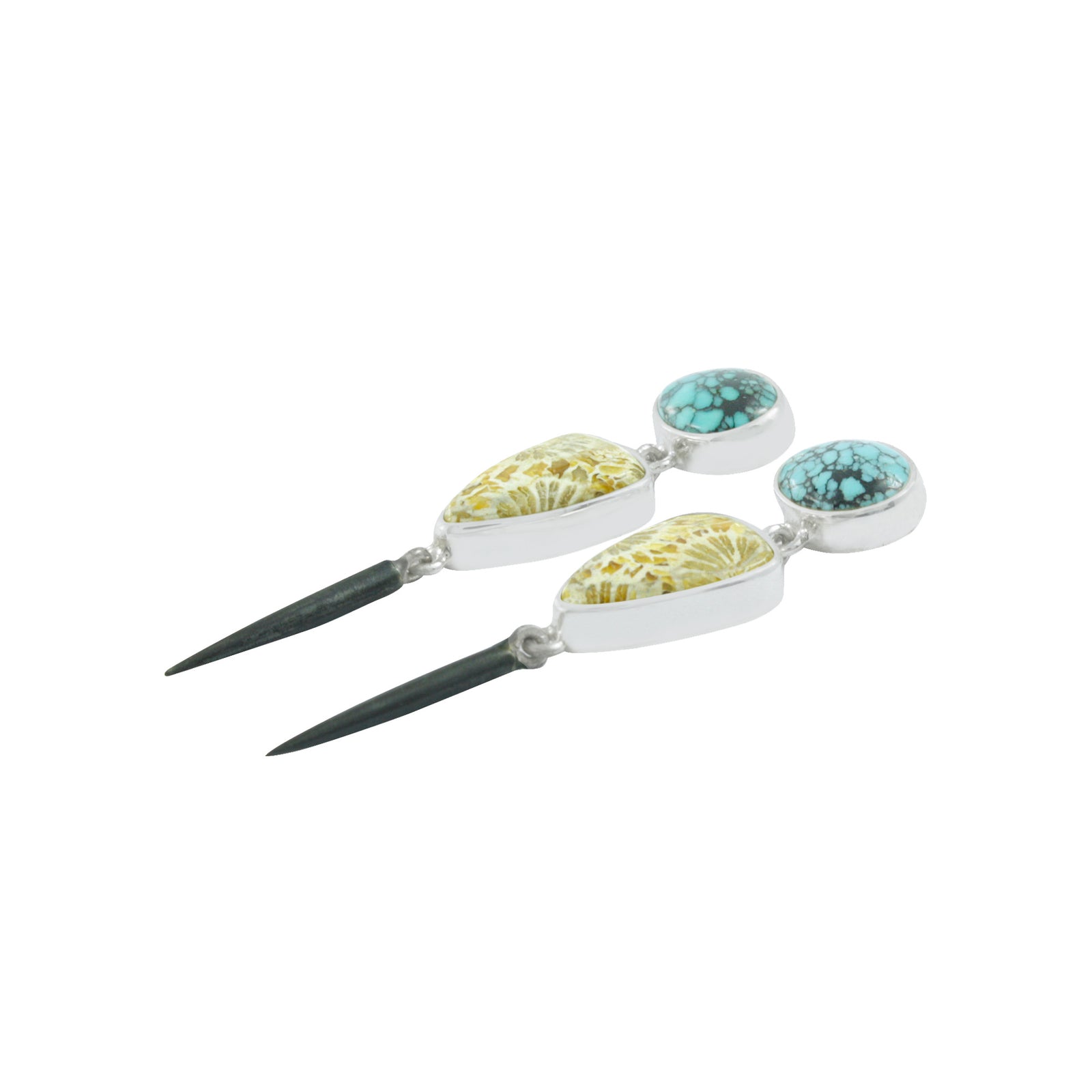 Silver Earring With Turquoise Oval, Fossil Coral Tongue