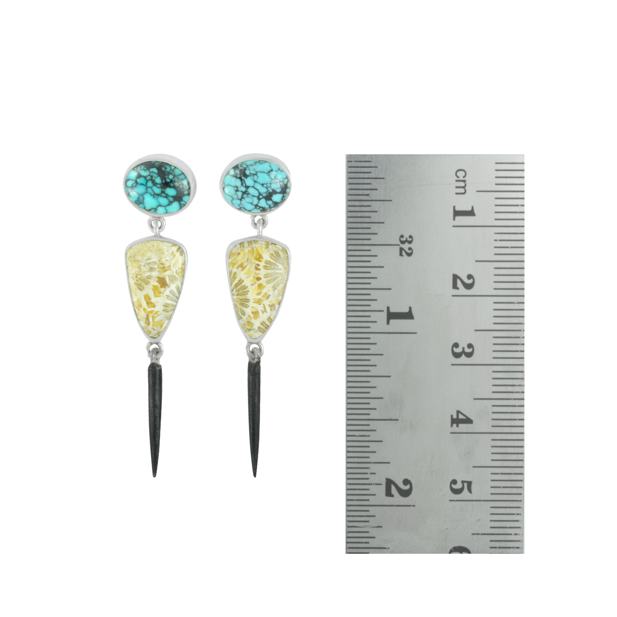 Silver Earring With Turquoise Oval, Fossil Coral Tongue