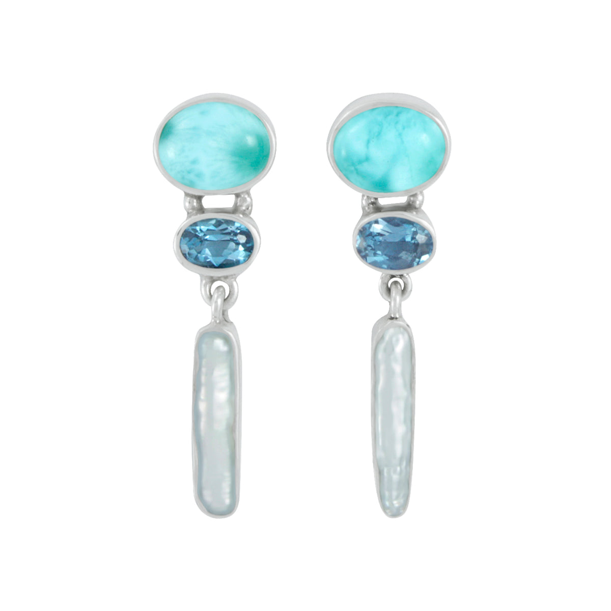 Silver Earring With Larimar Oval, London Blue Oval Facet, Pearl Drop